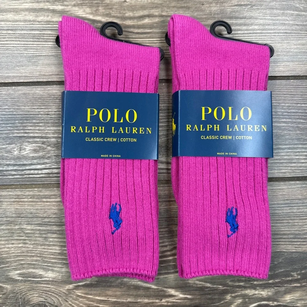 Polo Ralph Lauren Mens 10-13 Crew Socks Pink Blue Pony Logo 2 Pairs NWT